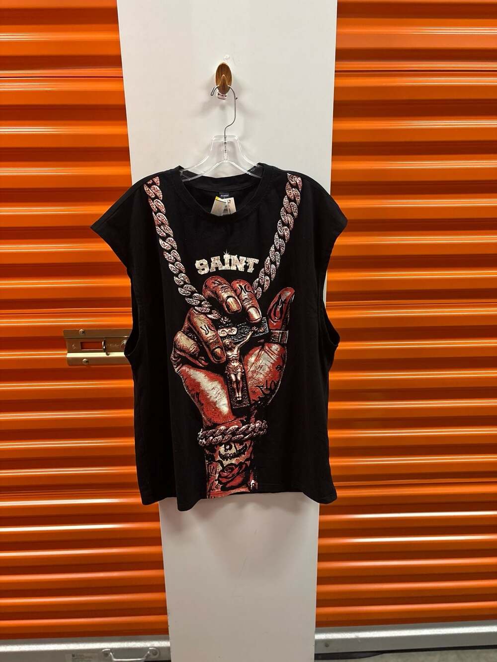 ROMWE Men's Black Sleeveless T-Shirt with Saint Hand and Cross Graphic Print